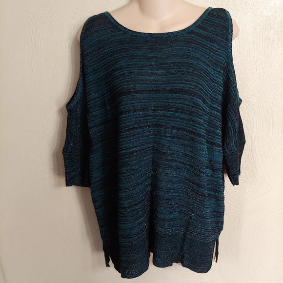Apt. 9 Teal Green Metallic Cold-Shoulder Knit Sweater Top Size Womens Large - Picture 3 of 10